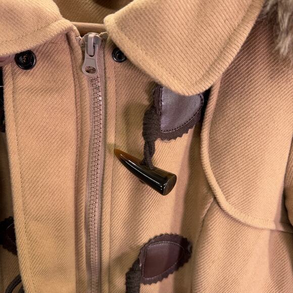 Coffee Shop Coat Womens Medium tan Long Sleeve Button Up Jacket faux fur hooded - Picture 11 of 15